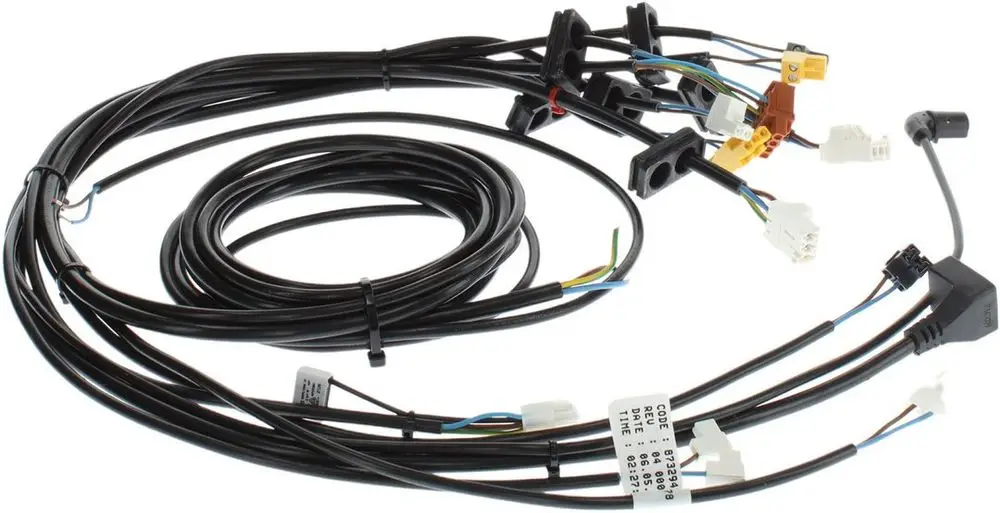 Kabelbaum von Bosch mit mehreren Leitungen und Steckverbindern, zur elektrischen Verbindung in Fahrzeugen oder Maschinen. Sichtbare Anschlüsse und gezielte Farbmarkierungen.